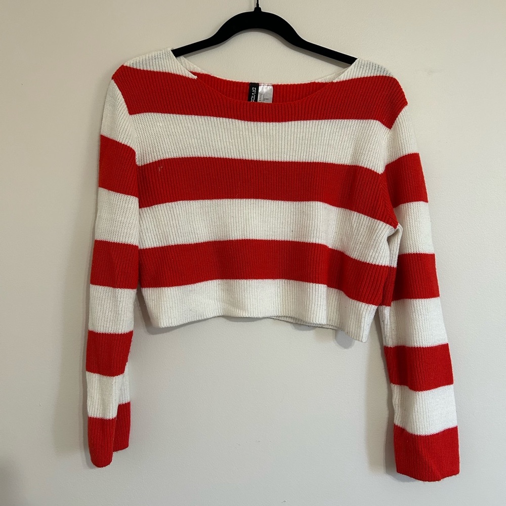 Red and White Cropped Sweater